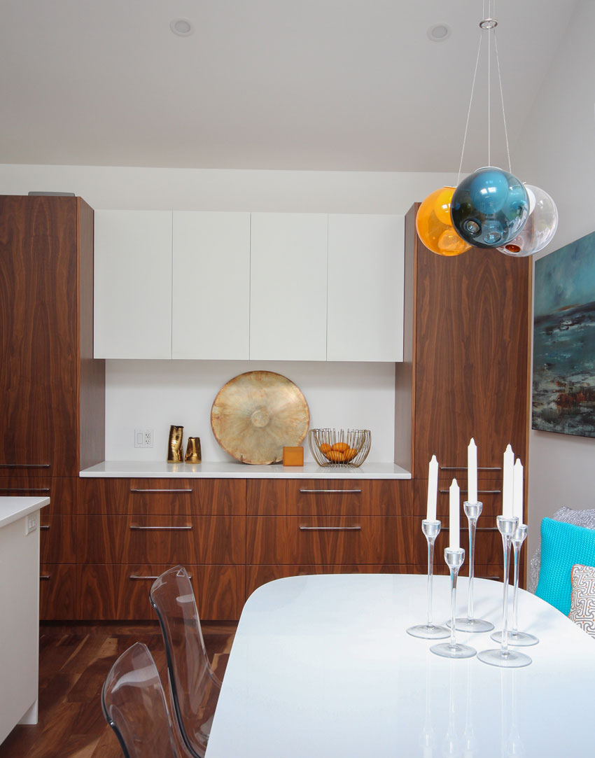 martha-sturdy, walnut and white kitchen cabinets with Bocci chandelier